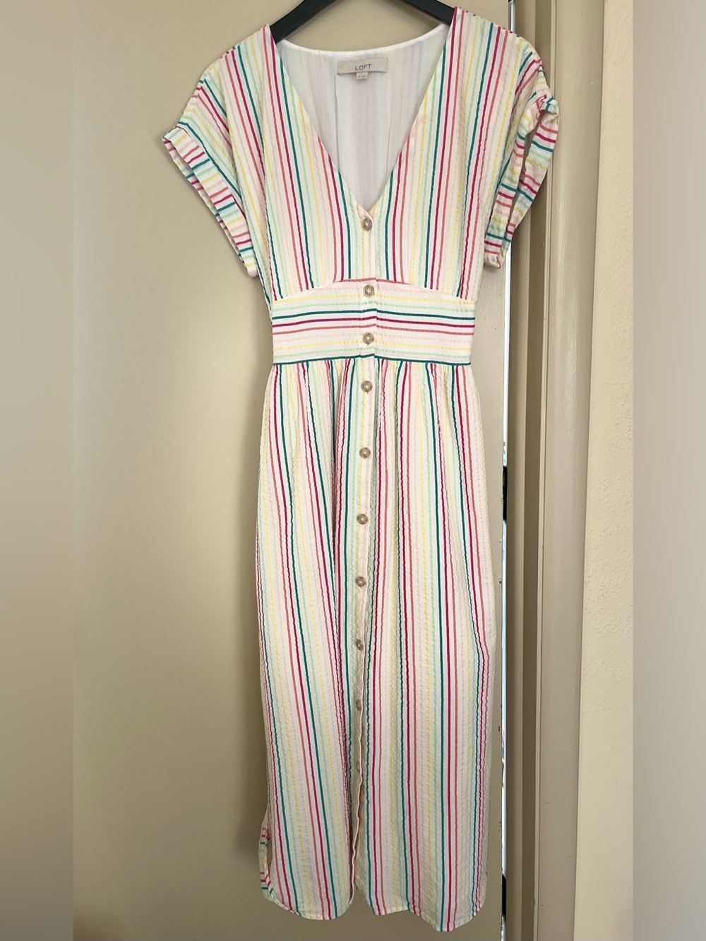 LOFT Size 12 Multicolor Striped Button Front Midi Dress